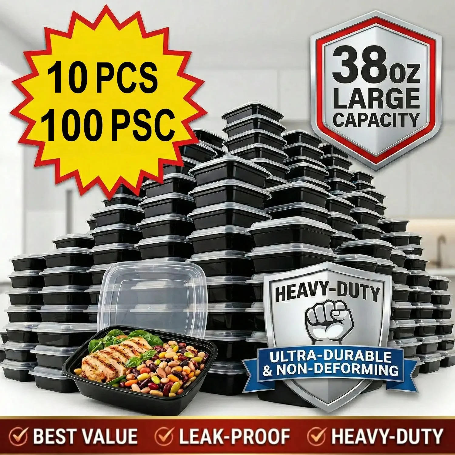Meal Prep Kitchen - 10/100 قطعة، علب مستطيلة سوداء بسعة